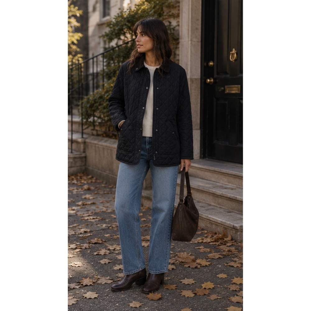 Lands End Women's L Black Quilted Barn Chore Jacket Corduroy Collar Classic